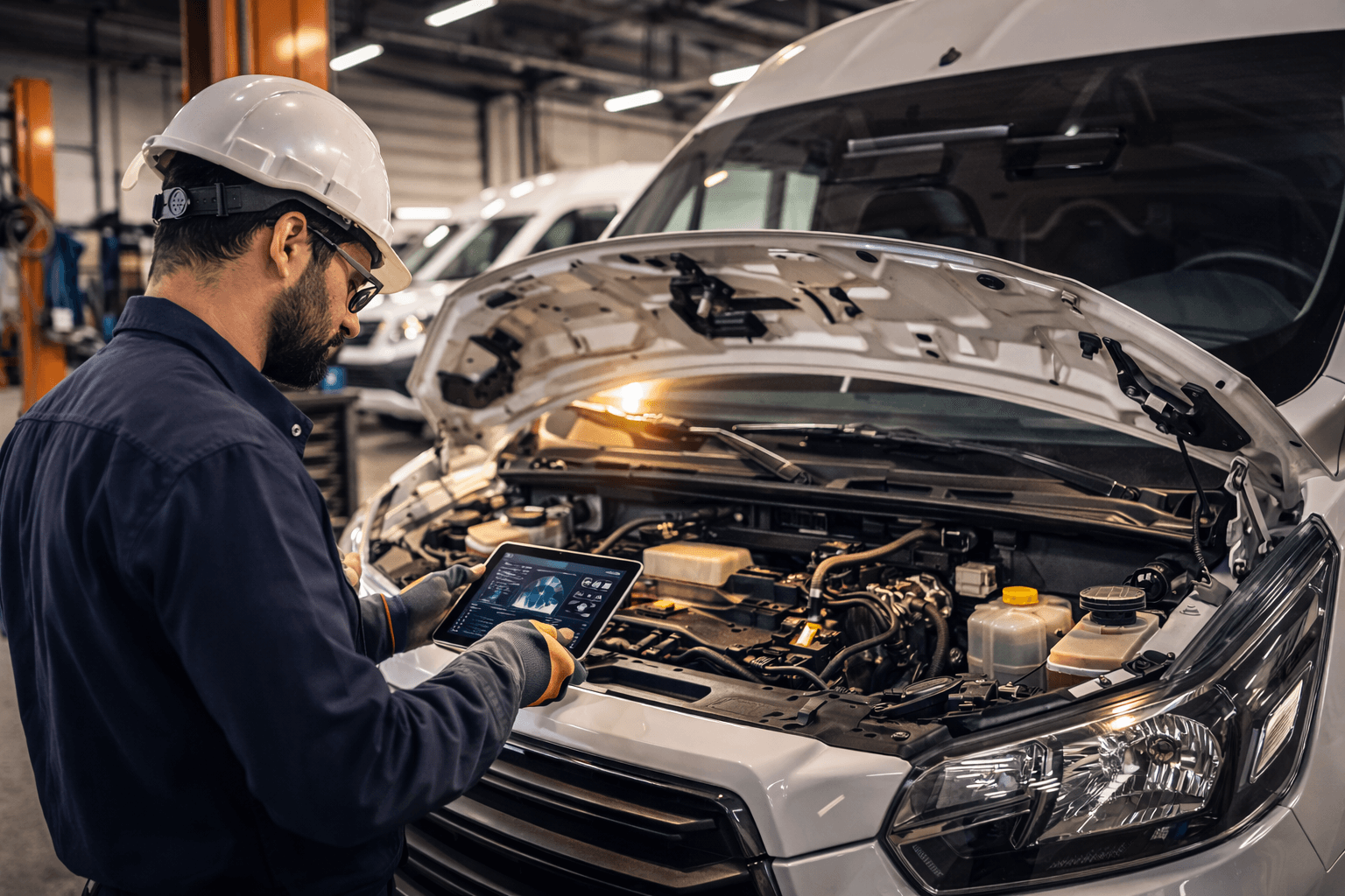 Technician performing preventive truck maintenance