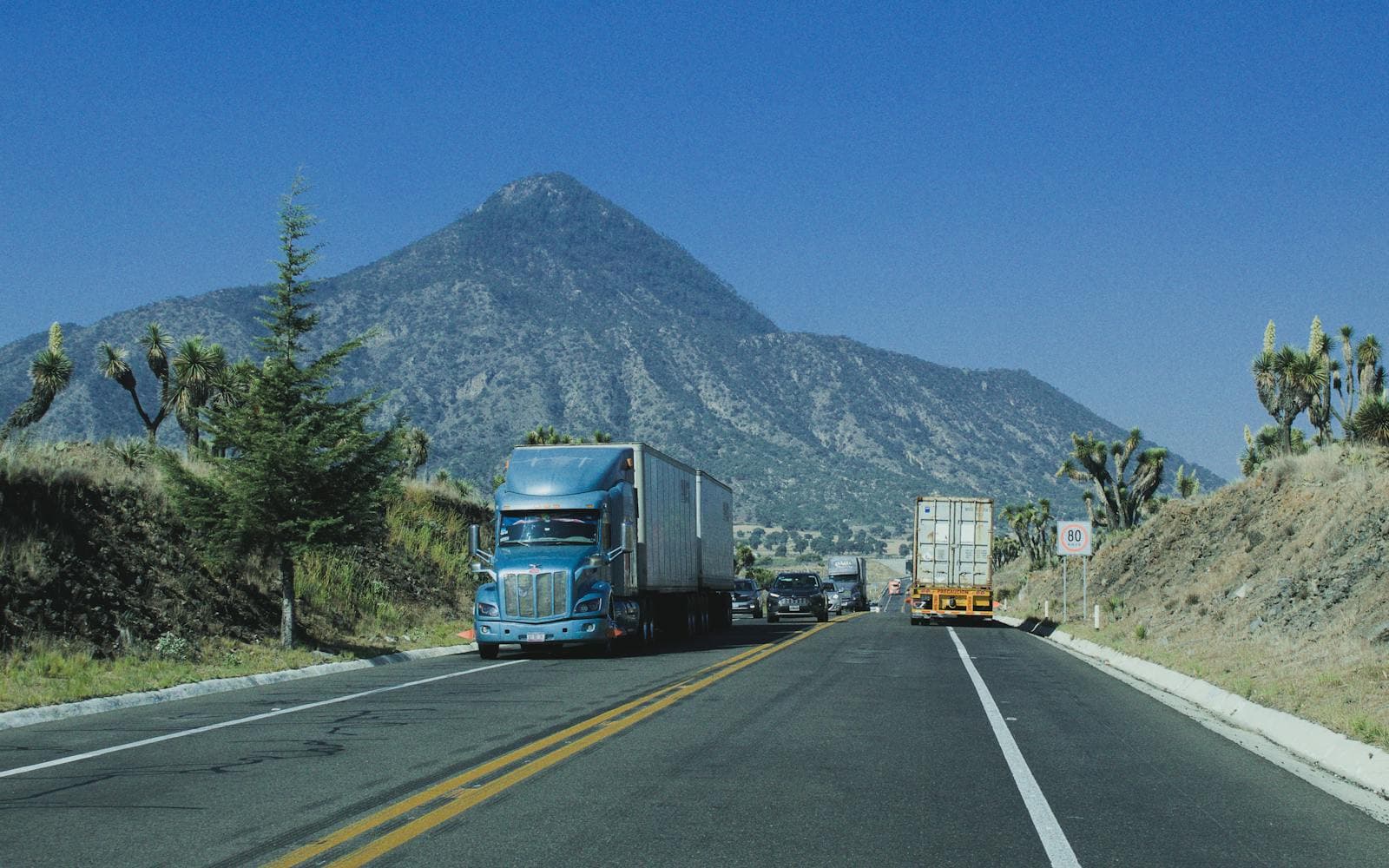 Long-haul fleet driving on open road